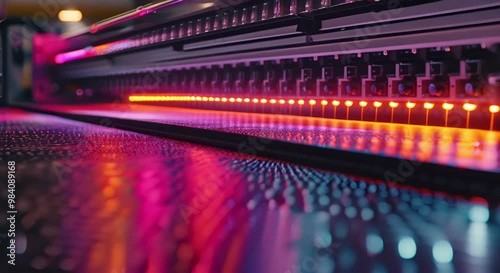 Close-up of a Large Format Printer Head with Colorful LED Lights