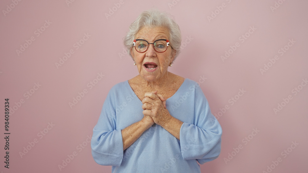 A surprised senior woman with grey hair and glasses stands against a pink background, hands clasped together. A surprised senior woman with grey hair and glasses stands against a pink background, hands clasped together.