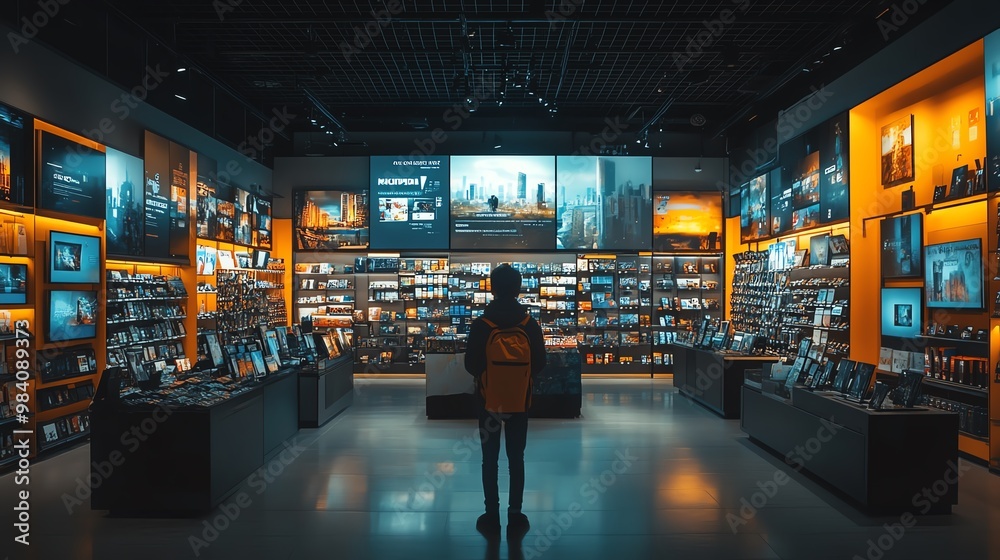 Instore screen at an electronics retailer promoting a media service s bundle offer, with interactive options to explore the deal in detail Instore screen at an electronics retailer promoting a media service s bundle offer, with interactive options to explore the deal in detail