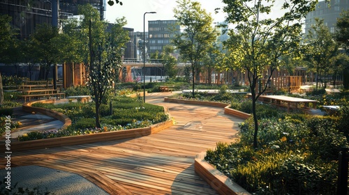 Fototapeta Naklejka Na Ścianę i Meble -  An urban renewal project featuring wooden walkways and small parks, transforming neglected city areas into vibrant public spaces