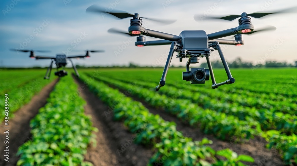 Two drones flying over a field of green plants Two drones flying over a field of green plants