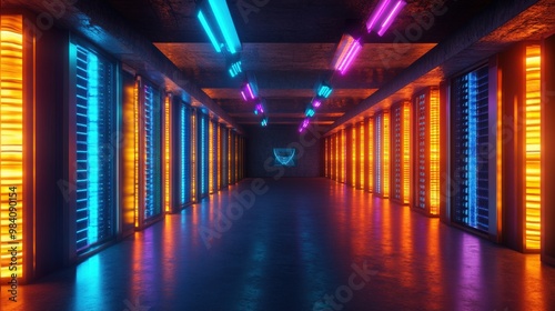 A neon lit server room. The room is filled with neon lights and has a futuristic feel to it