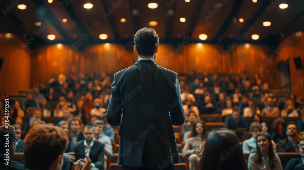 Rear view of a handsome man in business attire giving a presentation on stage to a large audience. Public speaking concept. Rear view of a handsome man in business attire giving a presentation on stage to a large audience. Public speaking concept.