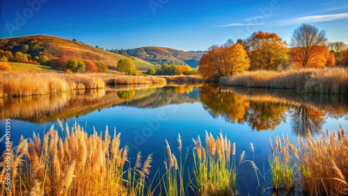 Autumn landscape with pond and reeds, hills, blue sky