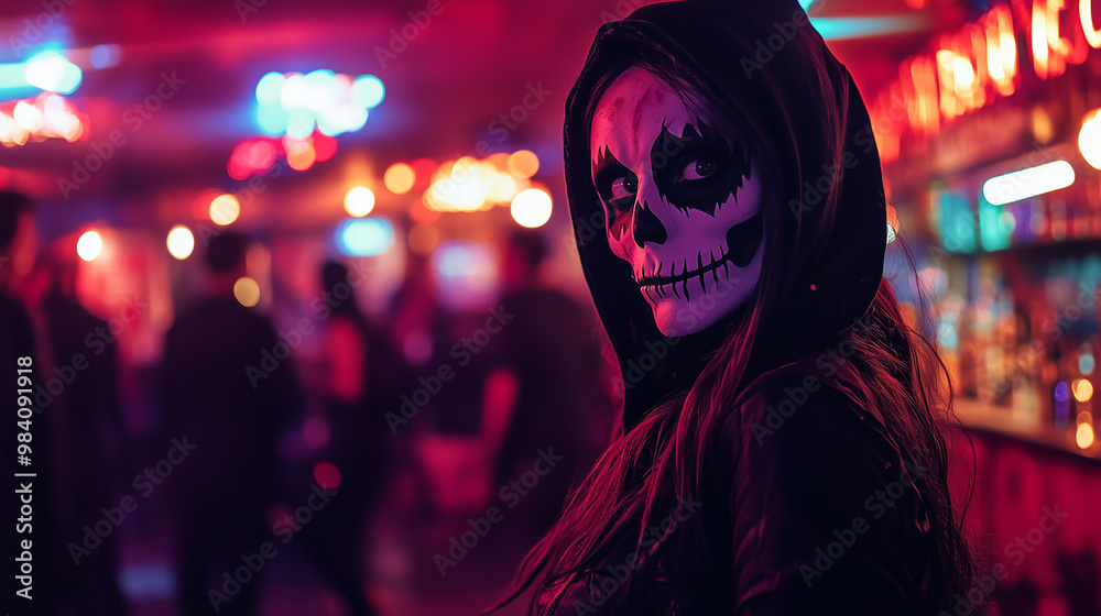 A woman in a black dress with a skull painted on her face A woman in a black dress with a skull painted on her face