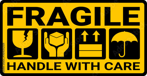 sticker fragile handle with care, black and yellow fragile warning label, fragile label with broken glass symbol, vector asset