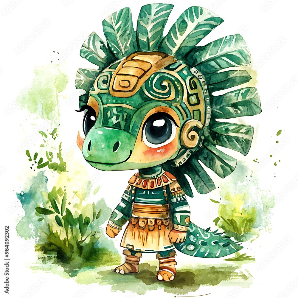 Cute Watercolor Illustration of a Green Dinosaur Wearing Traditional Aztec Clothing. Cute Watercolor Illustration of a Green Dinosaur Wearing Traditional Aztec Clothing.