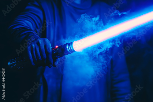 The hand of a man holds a brilliant laser sword lightsaber photo