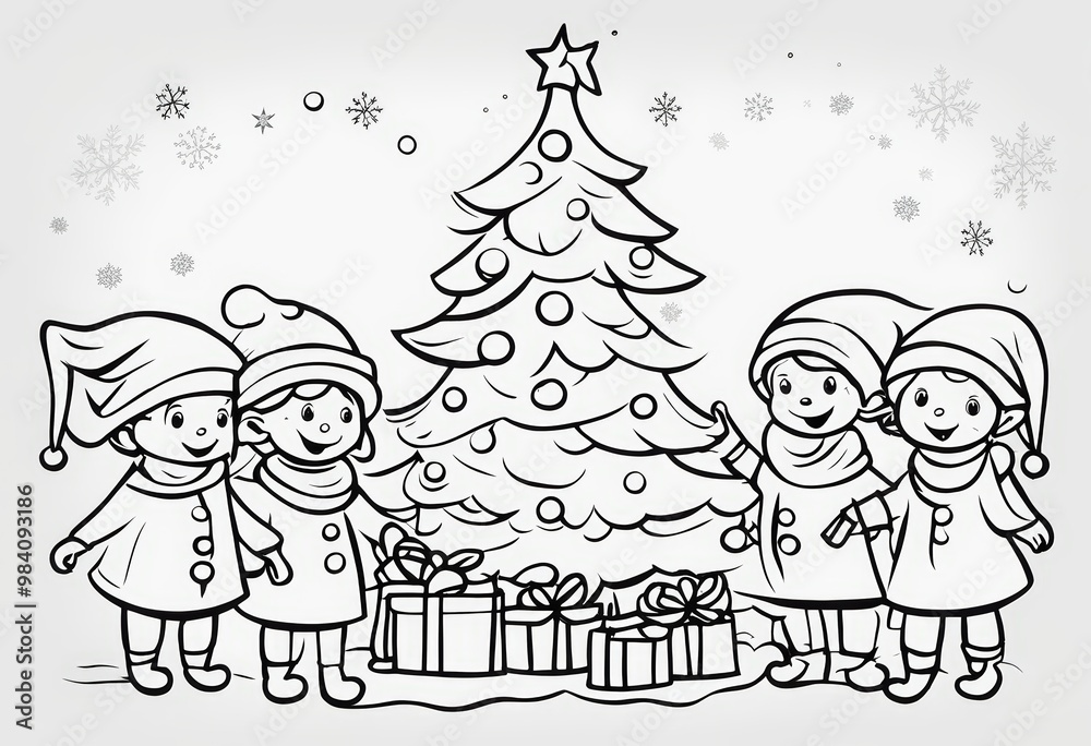 A simple line drawing of cheerful elves decorating a large Christmas tree. The elves are wearing Santa hats and winter outfits, holding presents 300dpi A simple line drawing of cheerful elves decorating a large Christmas tree. The elves are wearing Santa hats and winter outfits, holding presents 300dpi