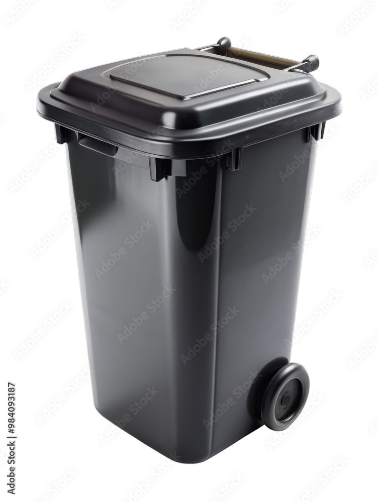 Black Wheelie Waste Bin Isolated on White Background for Clean and Minimalist Design Black Wheelie Waste Bin Isolated on White Background for Clean and Minimalist Design