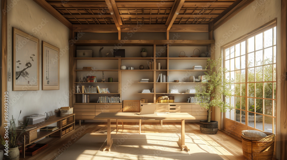 Design of a cozy office with a wooden table and minimal decor. The concept of interior and comfort. Design of a cozy office with a wooden table and minimal decor. The concept of interior and comfort.