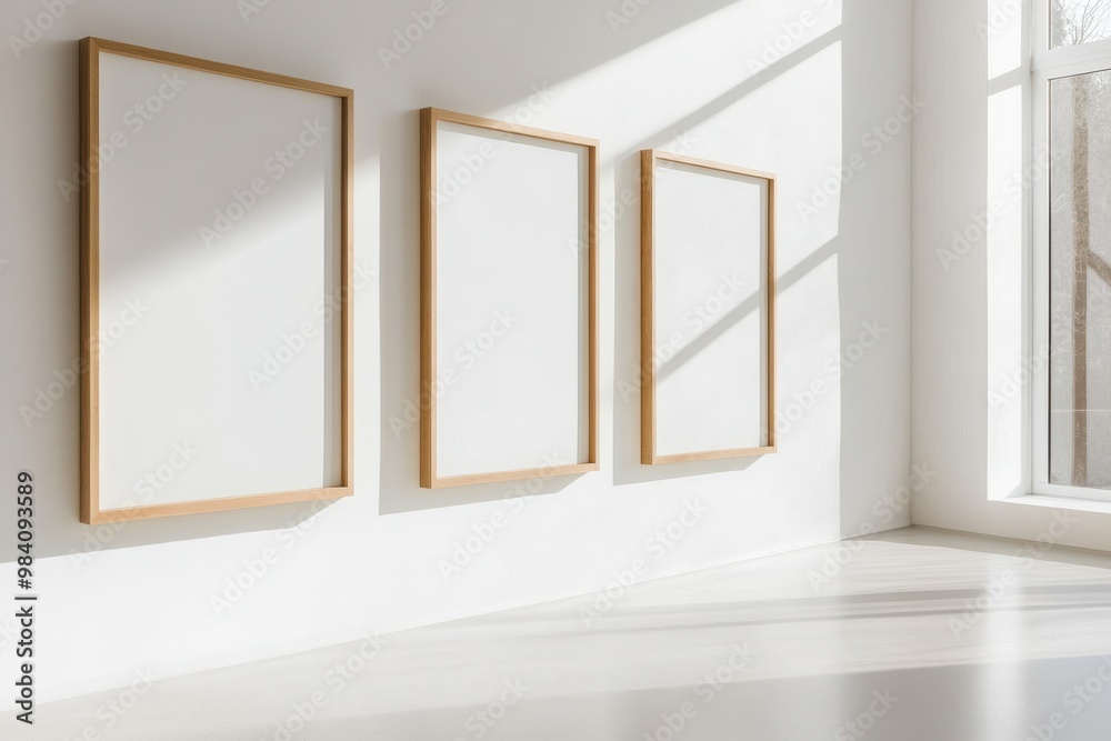 A minimalist gallery wall featuring three large, blank wooden-framed canvases arranged A minimalist gallery wall featuring three large, blank wooden-framed canvases arranged