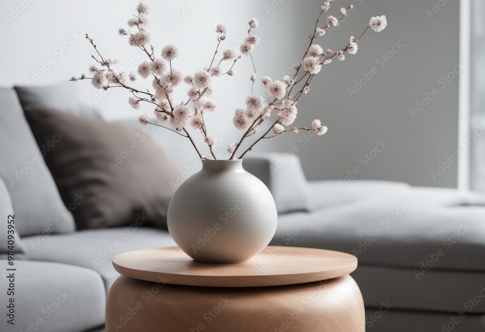 Close up of ceramic vase with blossom twigs on round wooden coffee table against grey sofa and window. Minimalist home interior design of modern living room. 300dpi Close up of ceramic vase with blossom twigs on round wooden coffee table against grey sofa and window. Minimalist home interior design of modern living room. 300dpi