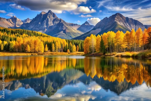 Autumn scenery with mountains reflecting in lake surrounded by colorful trees