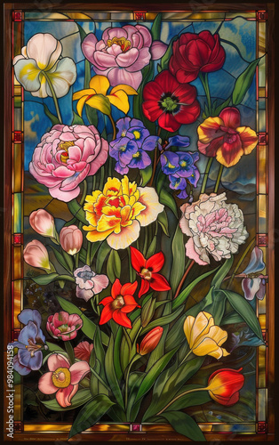 Vivid Victorian Stained Glass Florals: High-Contrast Gouache Chromolithography Illustration from 1845-1895, Clean Vector Art, Centered with 50% Margin photo