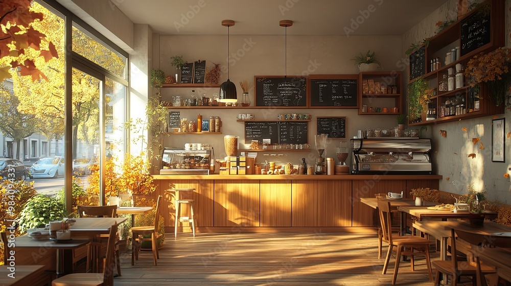 Fototapeta premium Caf? interior with soft, warm lighting, autumn decorations