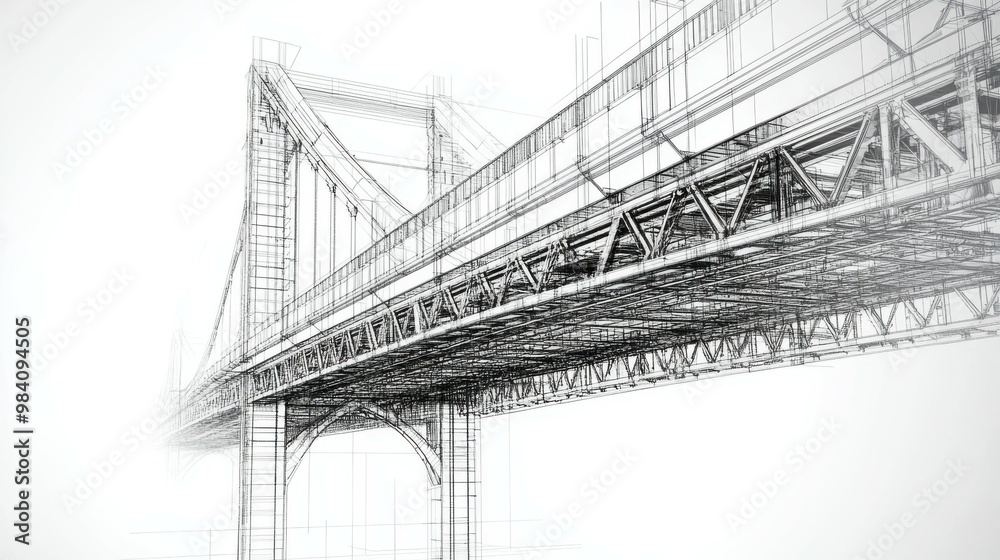 A highly detailed CAD drawing of a bridge structure, captured in a close-up, high-definition photo. The technical drawing is crisp, with room for text in the surrounding white space