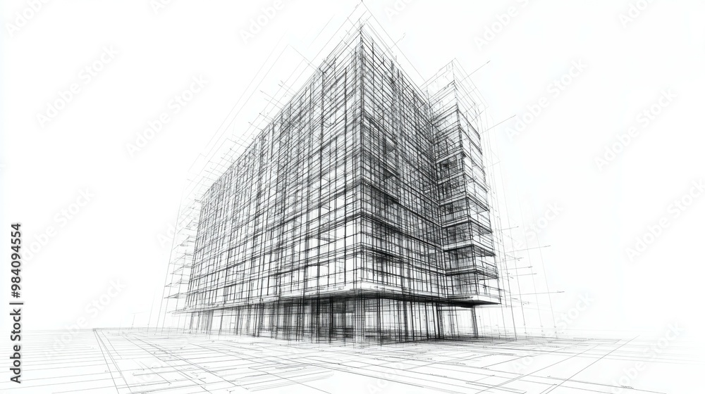 A sharp, close-up CAD drawing of a high-rise building, with complex architectural lines and annotations visible in full detail. The composition leaves room at the top for copy A sharp, close-up CAD drawing of a high-rise building, with complex architectural lines and annotations visible in full detail. The composition leaves room at the top for copy