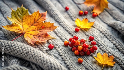 Autumn themed cozy sweater with berries and maple leaves photo