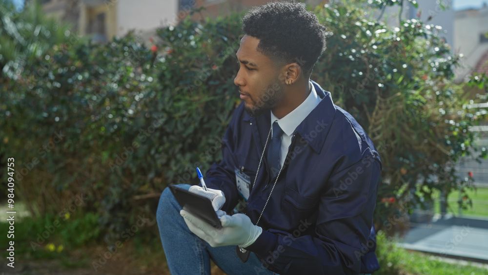 Obraz premium A thoughtful man writing in a notebook outdoors surrounded by greenery, embodying creativity and focus.