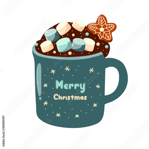 Mug of hot chocolate in the shape of a cat with marshmallows and gingerbread. vector illustration, cartoon. New Year. Flat vector illustration
