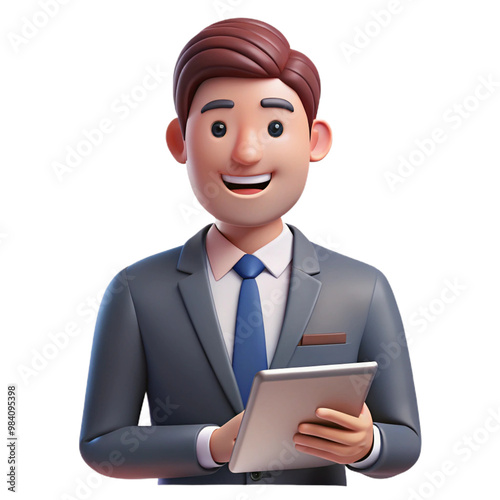 3D avatar of a smiling man with brown hair holding a tablet in business attire 