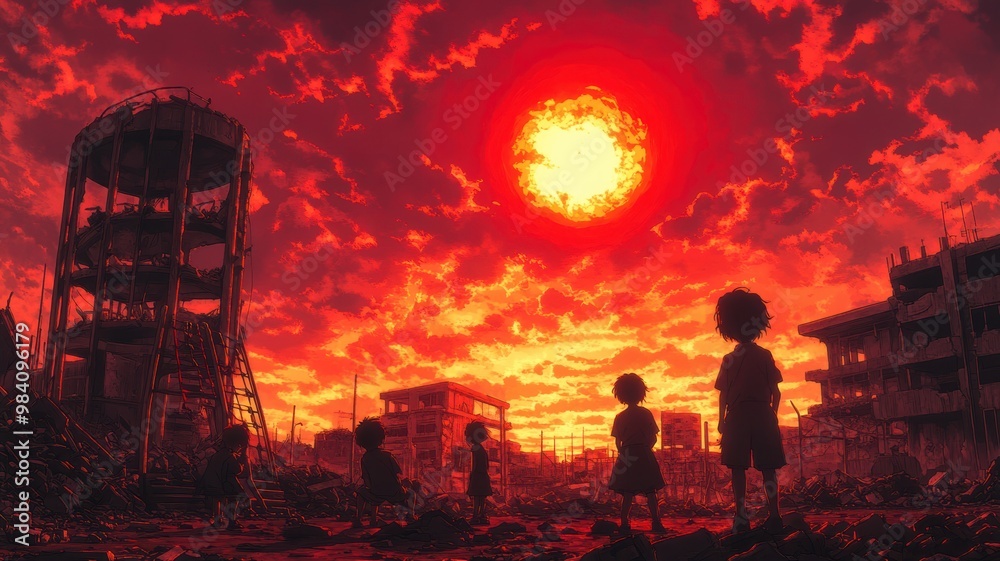 A hauntingly vivid scene of children silhouetted against a fiery sunset in a post-apocalyptic landscape. A hauntingly vivid scene of children silhouetted against a fiery sunset in a post-apocalyptic landscape.