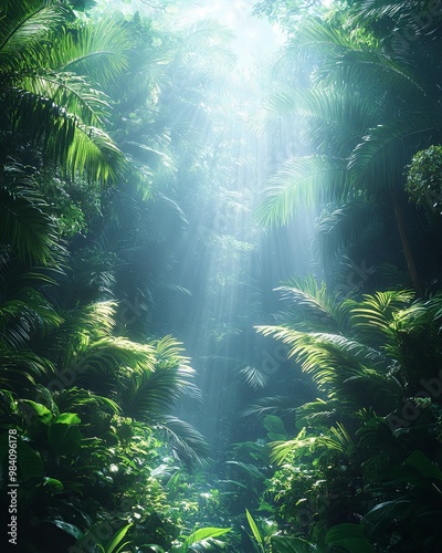 Lush Jungle with Sunlight Breaking Through Canopy