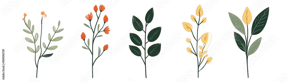 Of Mid. Century Modern Botanical Icons, Ideal for Eco. Friendly Branding.. Isolated on a Transparent Background. Cutout PNG. Of Mid. Century Modern Botanical Icons, Ideal for Eco. Friendly Branding.. Isolated on a Transparent Background. Cutout PNG.
