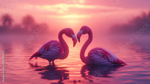 Two pink flamingos in love stand together facing each other in the water, enjoying the sunset. Concept of nature, animals, love.