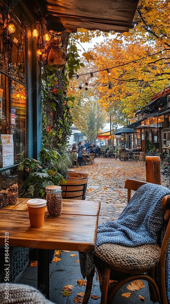 Obraz premium Caf? patio with comfortable seating, warm blankets