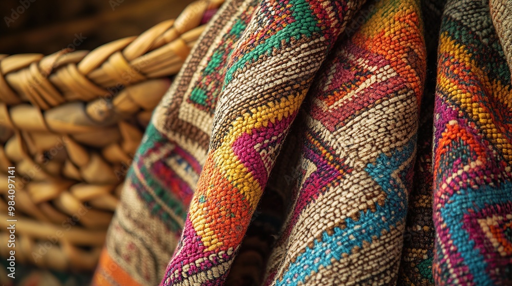 A vibrant textile draped over a woven basket, showcasing intricate patterns and colors. A vibrant textile draped over a woven basket, showcasing intricate patterns and colors.