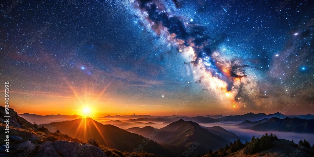 Background landscape of sunrise in mountains with stars in sky Background landscape of sunrise in mountains with stars in sky