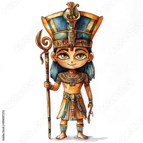 Watercolor Illustration of an Egyptian Pharaoh with a Staff. photo