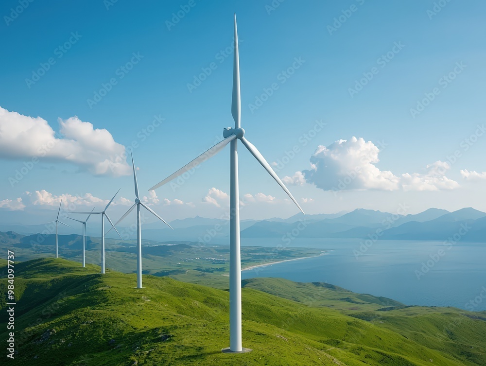 Wind farm with turbines on green hills by the ocean, generating clean energy under a bright blue sky with clouds.
