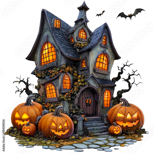 Fairytale haunted house surrounded by pumpkins with faces. Illustration of old castle with glowing windows and flying bats isolated on white background