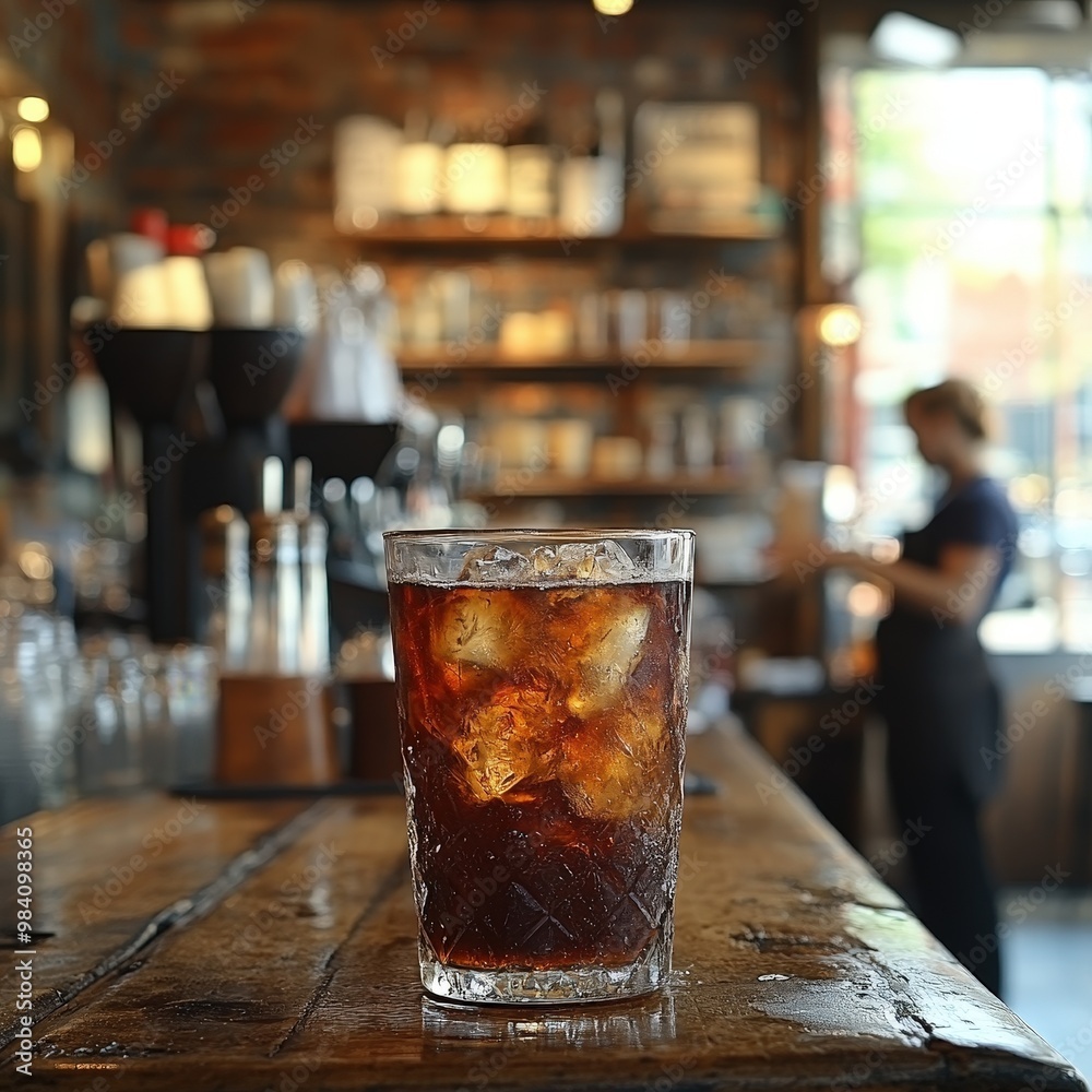 A refreshing glass of iced cola on a wooden table in a cozy cafe, with a blurred background of baristas at work. A refreshing glass of iced cola on a wooden table in a cozy cafe, with a blurred background of baristas at work.