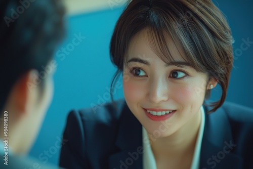 A businesswoman is talking to someone during a job interview in an office. She has short hair and is wearing a jacket. Her hand is raised as she emphasizes a point with a nearby friend or client.