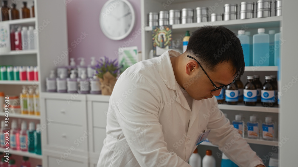Φωτογραφία A young, handsome asian man in a white lab coat is organizing bottles on shelves inside an indoor pharmacy in china, surrounded by various colorful medical supplies