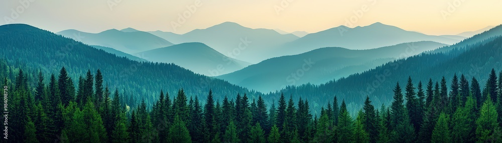 Serene green mountain landscape with rolling hills, pine forest, and a hazy morning sky. Perfect for nature and travel photography. Serene green mountain landscape with rolling hills, pine forest, and a hazy morning sky. Perfect for nature and travel photography.