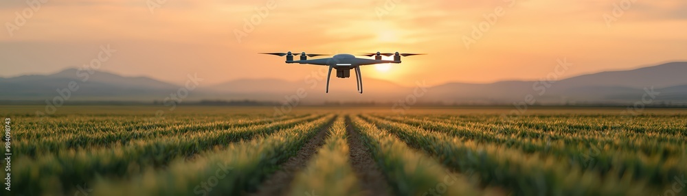 A drone flying over a vast agricultural field at sunset, capturing stunning aerial views and revolutionizing modern farming techniques. A drone flying over a vast agricultural field at sunset, capturing stunning aerial views and revolutionizing modern farming techniques.