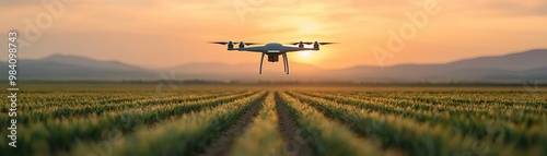 A drone flying over a vast agricultural field at sunset, capturing stunning aerial views and revolutionizing modern farming techniques.