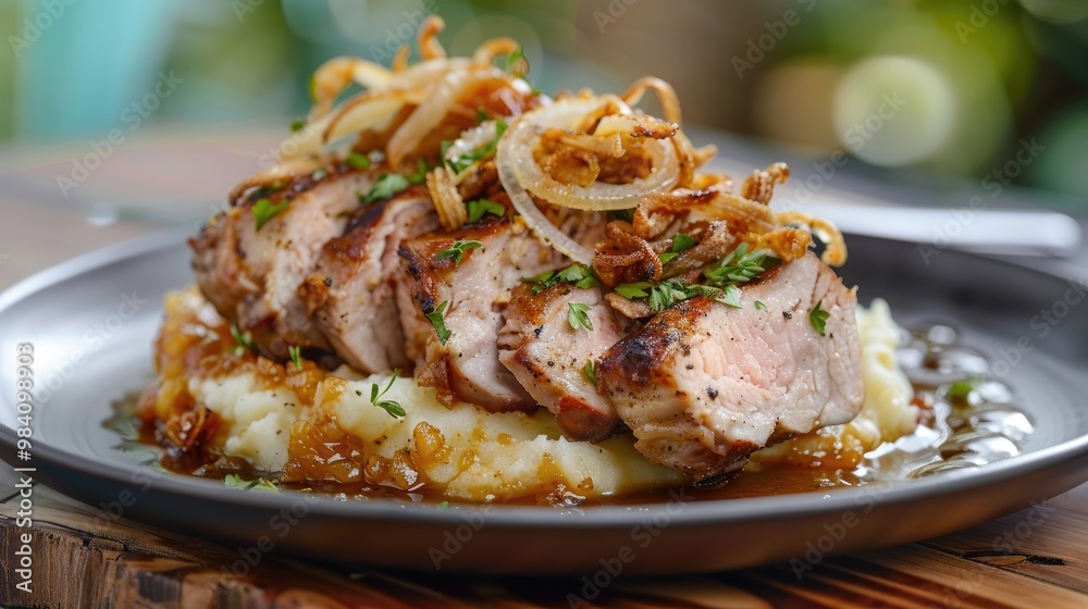 Juicy grilled pork tenderloin with roasted garlic mashed potatoes, apple chutney, and crispy onions Juicy grilled pork tenderloin with roasted garlic mashed potatoes, apple chutney, and crispy onions
