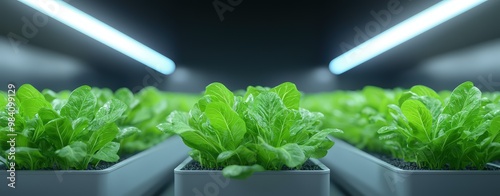 Fresh green lettuce plants growing in an indoor hydroponic farm with LED lights. High-tech agricultural innovation and sustainable farming.