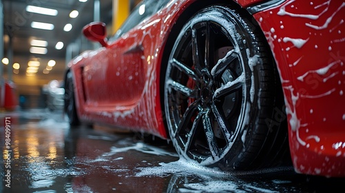 Red Sports car Wheels Covered in Shampoo Being Rubbed by a Soft Sponge at a Stylish Dealership Car Wash, Generative AI