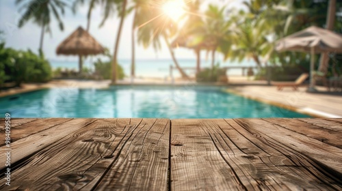 Beauty Bar. Blurred Tropical Resort Beach Bar with Wood Table Background