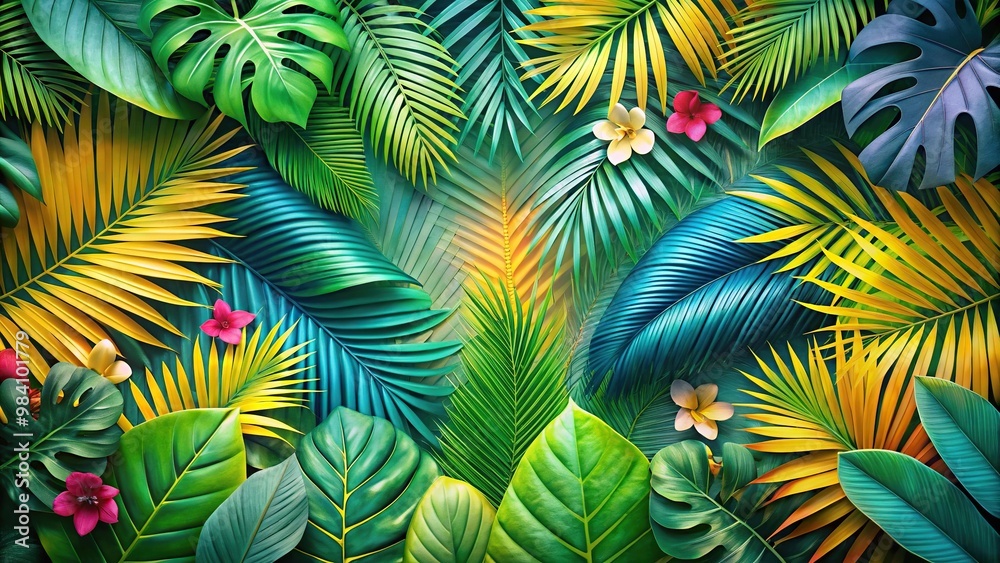 Background with a leafy pattern of colorful green leaves in the shape of a palm tree and summer flowers, botanical tropical leaves with Depth of Field Background with a leafy pattern of colorful green leaves in the shape of a palm tree and summer flowers, botanical tropical leaves with Depth of Field
