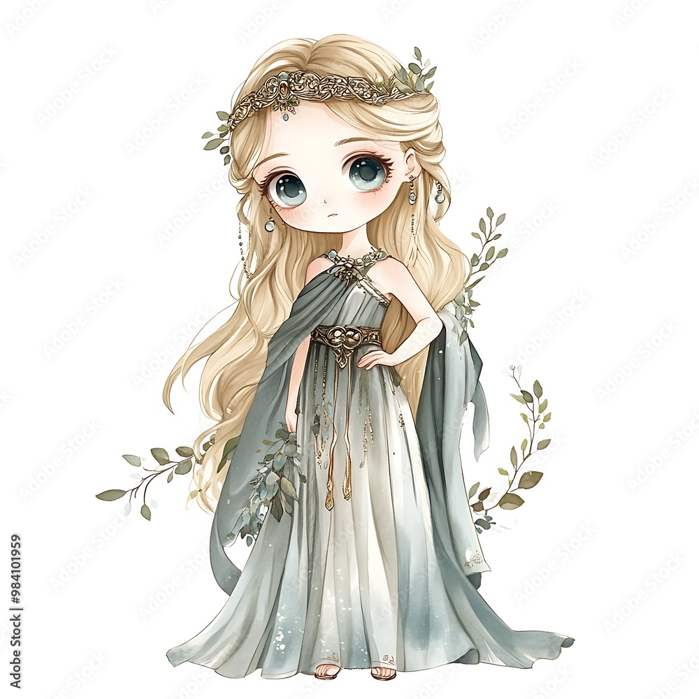 Fototapeta premium Adorable Anime Girl in Flowing Green Dress with Floral Crown.