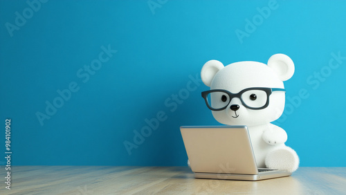 Bear wearing glasses typing on laptop