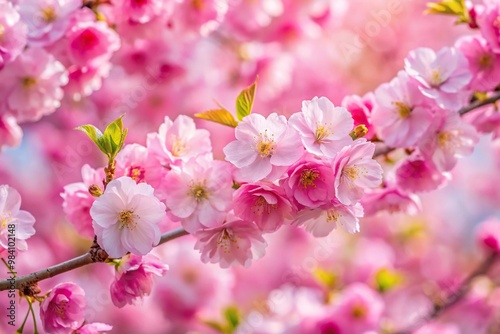 Background with pink flowers and petals on tree branches Close-Up